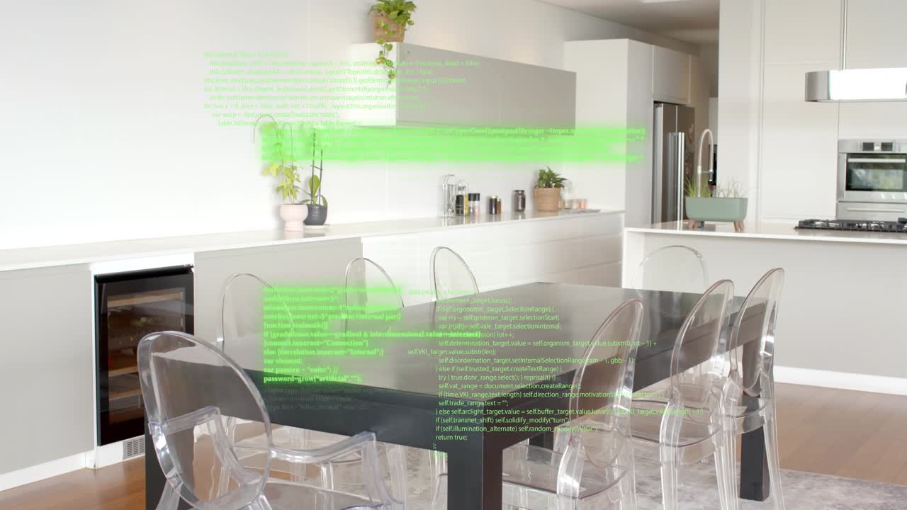 Translucent code appearing from top, shifting green to yellow, moving over table, visualizing data