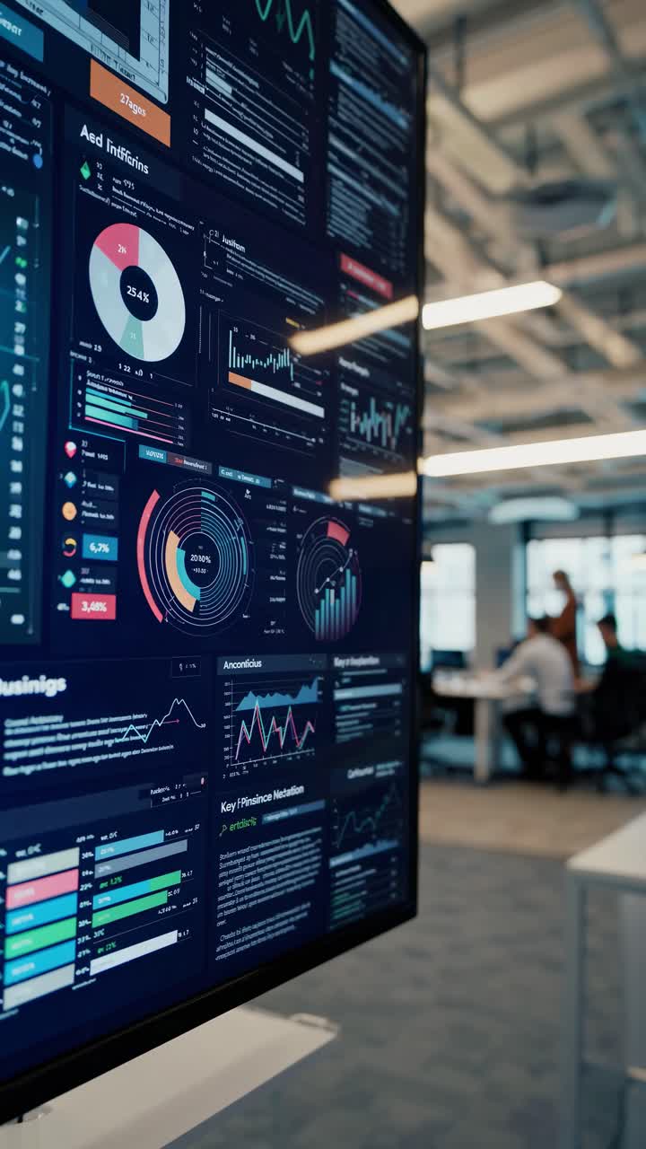 Datavisualiseringer og grafer på stor skjerm i moderne kontor