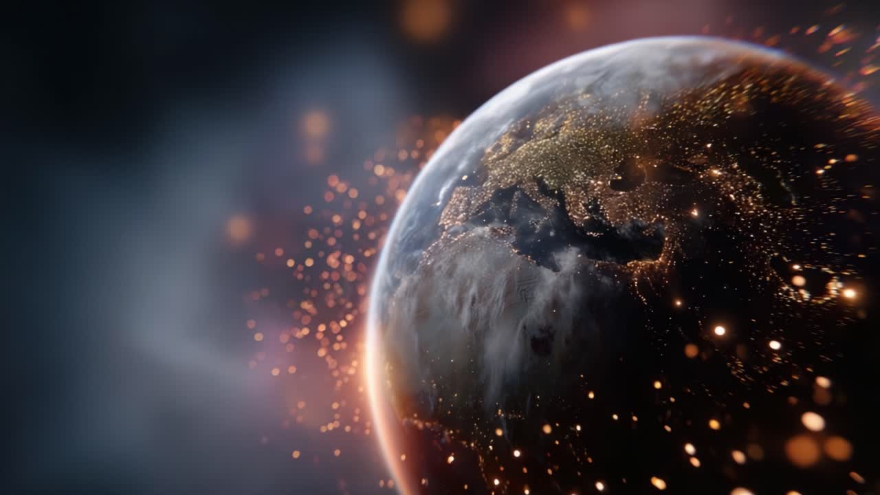 En fantastisk visualisering af Jorden omgivet af glødende partikler og atmosfæriske effekter, der fanger skønheden af vores planet i en kosmisk ramme