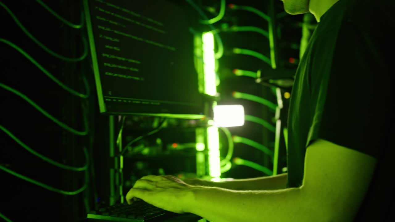 Man programming in a server room with green lights