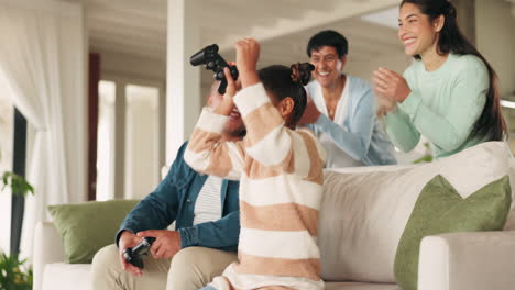 Kids-gaming,-family-and-home-with-celebration