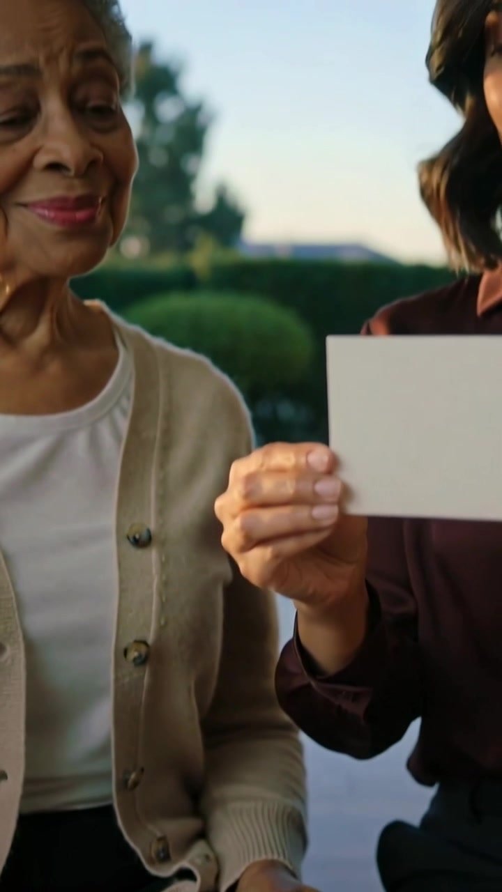 Video verticale: Mano che si protende in un libro, donna in camicetta bordeaux che porge una carta a un anziano su una panchina, ricordando.