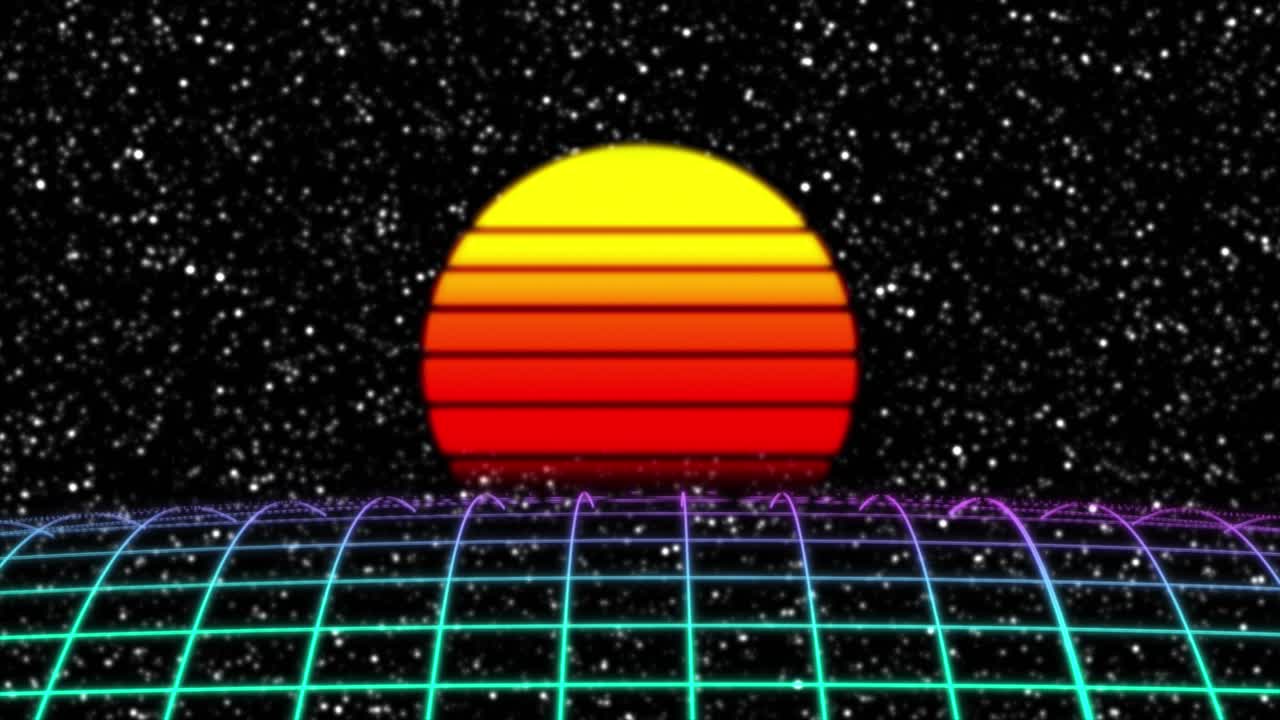 puesta de sol retro futurista sobre el espacio cuadrado