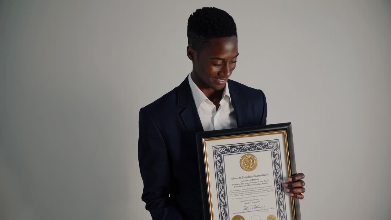 A man in a suit proudly holds a framed certificate, smiling. The video captures him from a medium