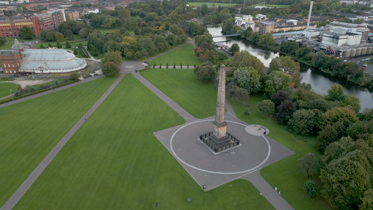 Glasgow Green, Scozia, Vista aerea del Monumento a Nelson e del Parco