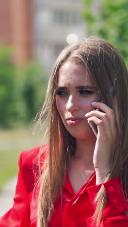 young woman talking on the phone. portrait of a beautiful lady with long hair holding a mobile phone on the blurred city background. slow motion. vertical video