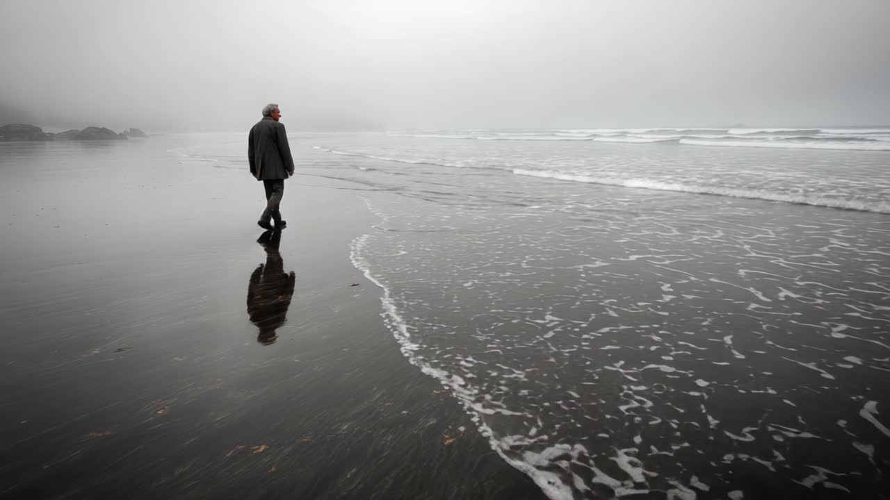 A solitary figure walking along a tranquil, foggy beach, reflecting on life's journey amid the soothing sounds of waves lapping against the shore