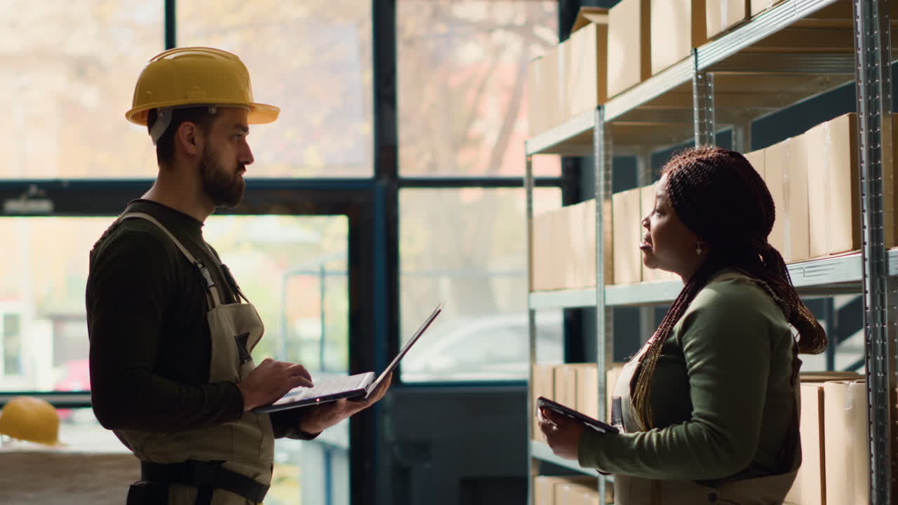 Warehouse workers discussing inventory with laptop and tablet