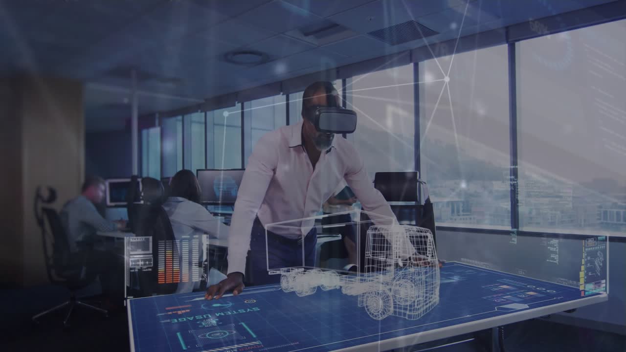 Mature male wearing VR headset gesturing on table, animating holographic car model for tech demo