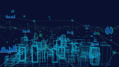 Animation-Eines-Blauen-3D-Modells-Einer-Stadtlandschaft-über-Durch-Linien-Verbundenen-Punkten-Auf-Blauem-Hintergrund