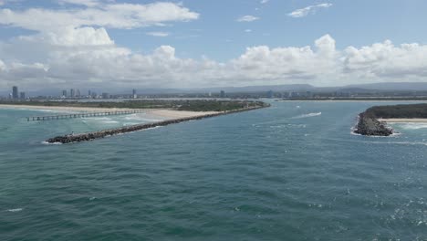 Nerang-River-Mouth-With-The-Spit-Gold-Coast-And-The-Sand-Bypass-Pumping-Jetty-At-Summer-In-QLD,-Australia