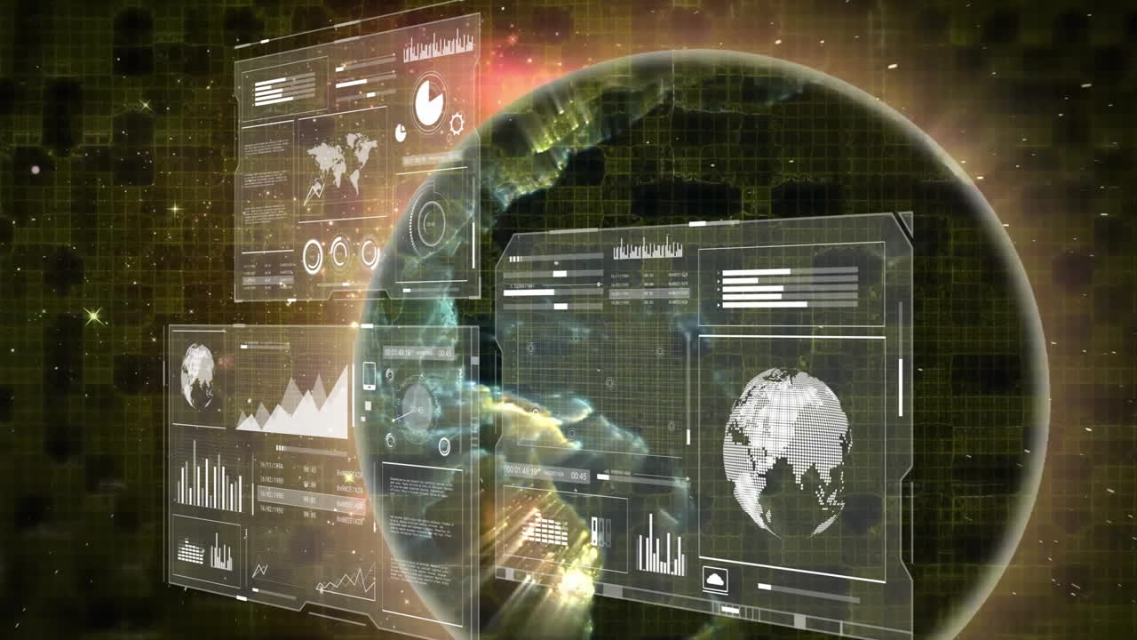 Animation of digital data processing over globe on dark background