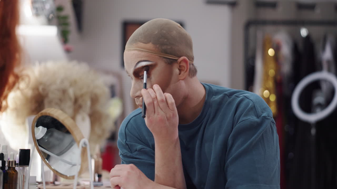 Drag queen applying makeup in dressing room