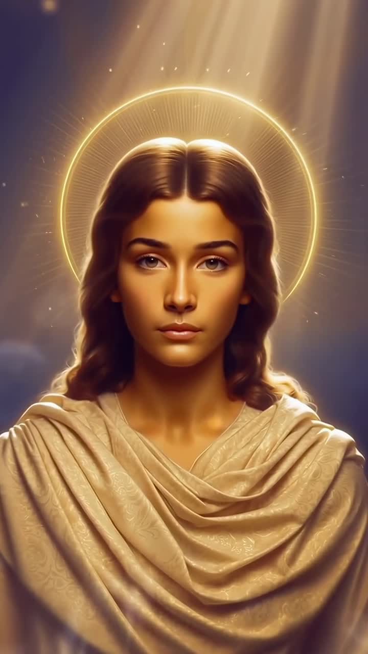 Un video concept divino con una figura serena, effetto alone, illuminazione soffusa e angolazione frontale