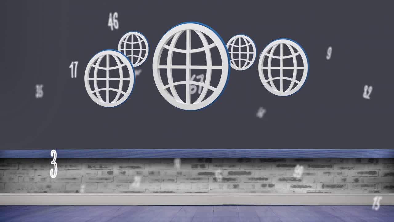 Digital animation of multiple numbers and web icons floating against grey background