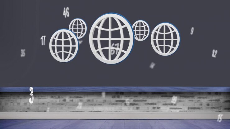 Animación digital de múltiples números e iconos web flotando sobre un fondo gris.