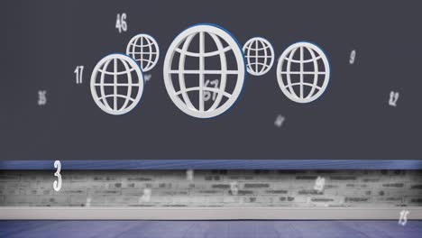 animación digital de múltiples números e iconos web flotando contra un fondo gris