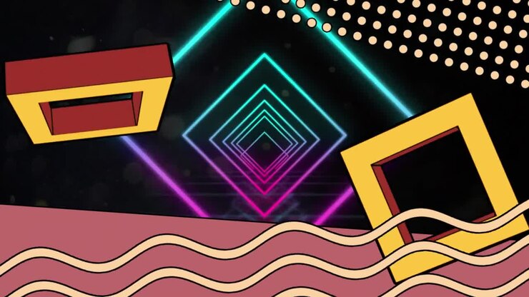 Animation of rotating squares, waves and abstract shapes on black background