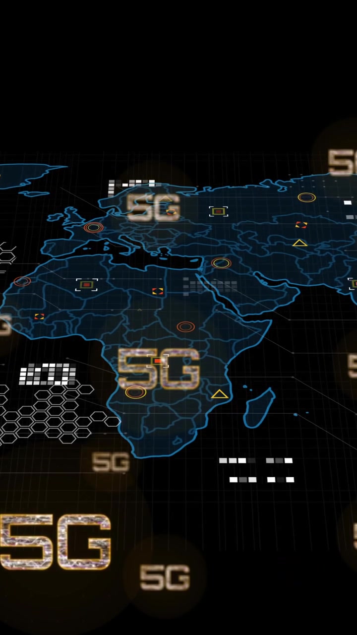 Animation of 5g text, digital data processing and world map over black background