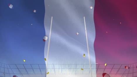 animation of flag of france and confetti over rugby balls falling at stadium