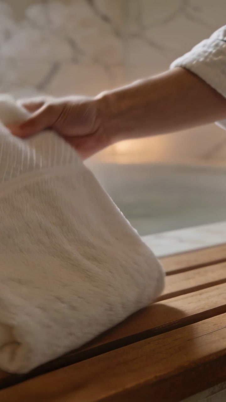 Vertical video: Reaching folded towel hands adjusting, smoothing on tub bench in robe prepping bath