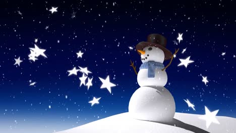Snow-falling-and-snowman-on-blue-background