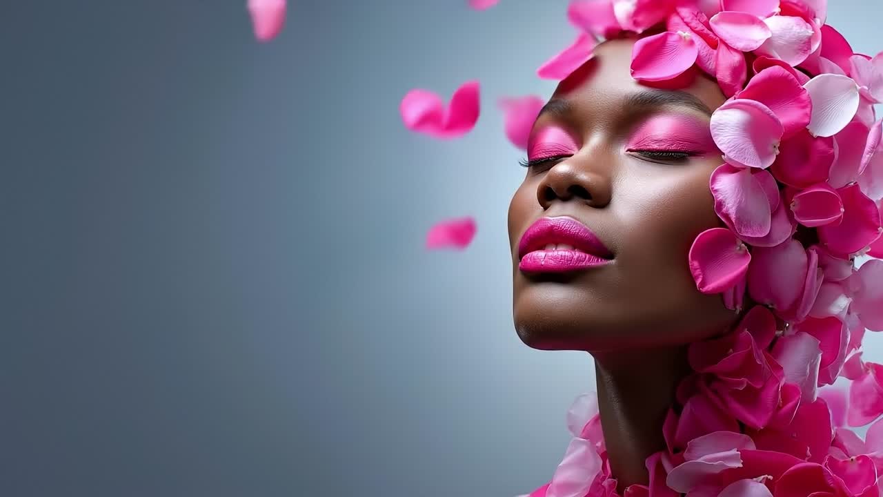 Una donna con fiori rosa tra i capelli e rossetto rosa