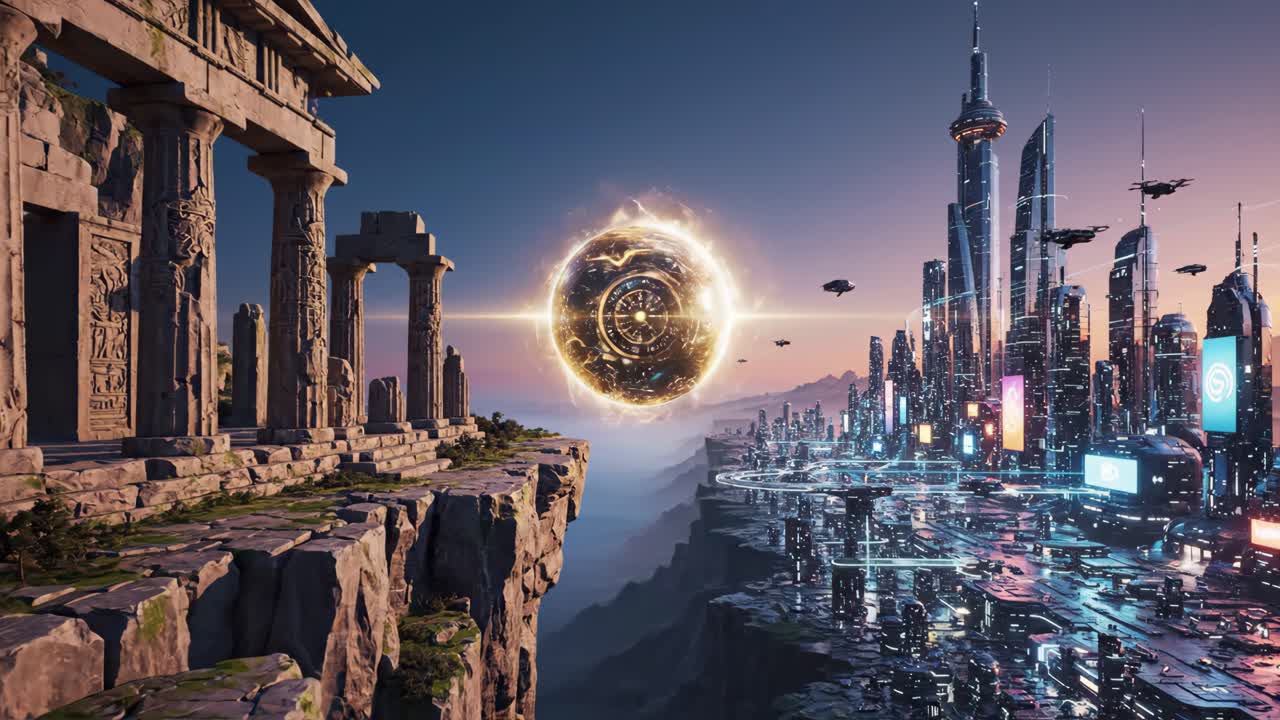 A Futuristic City and Ancient Ruins
