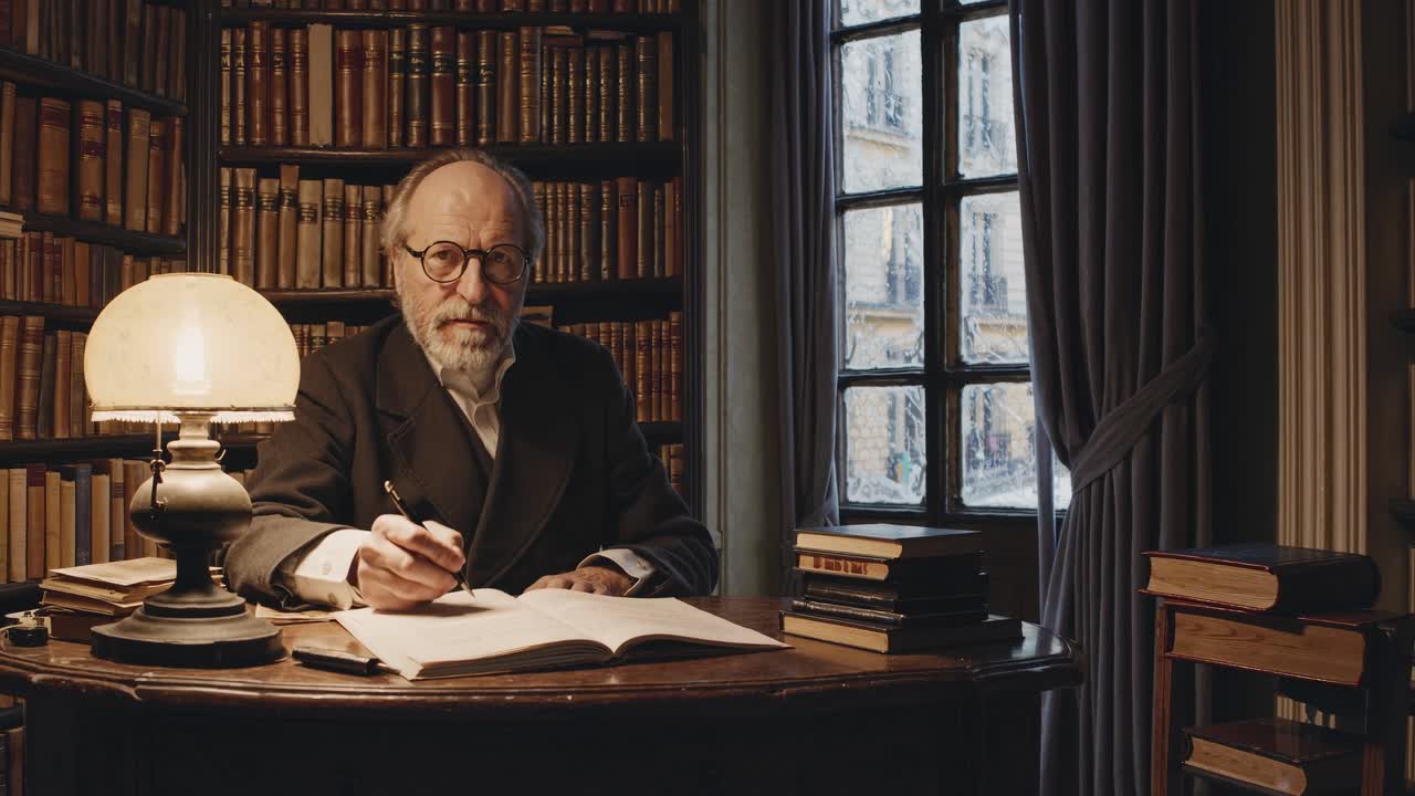 Video in stile vintage di uno studioso che scrive a una scrivania in una biblioteca scarsamente illuminata