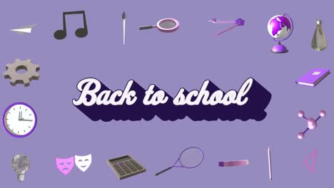 Animation-of-education-icons-with-back-to-school-text-over-purple-background