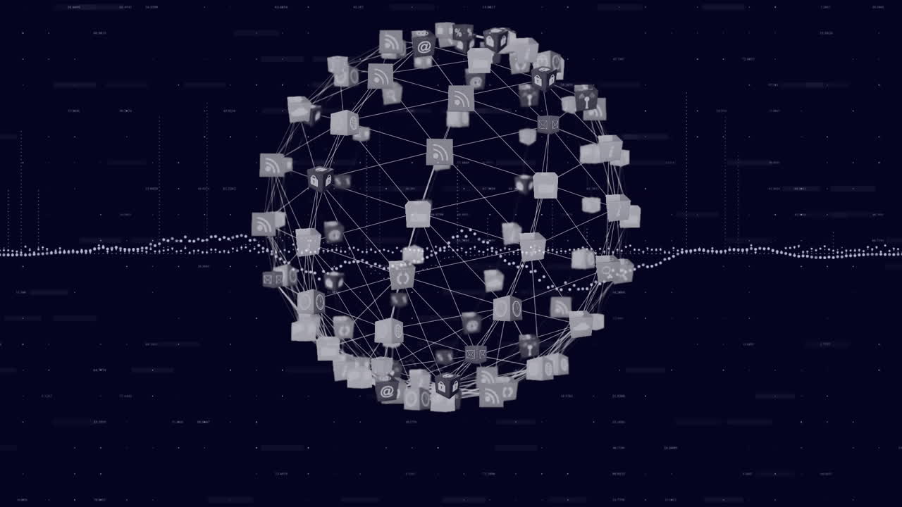 iconos digitales que forman un globo contra el procesamiento de datos
