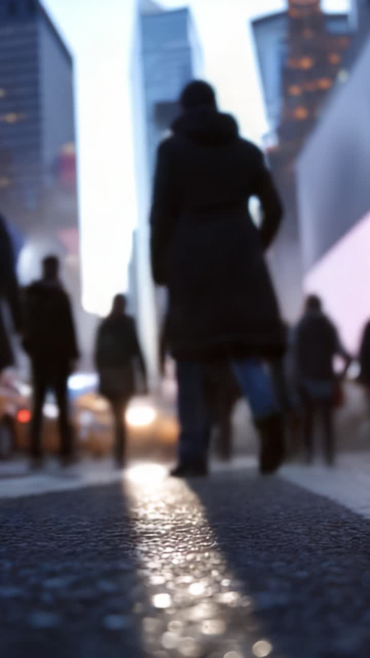 Una scena di strada affollata con pedoni sfocati e luci brillanti della città che creano un'atmosfera urbana coinvolgente durante le ore del crepuscolo