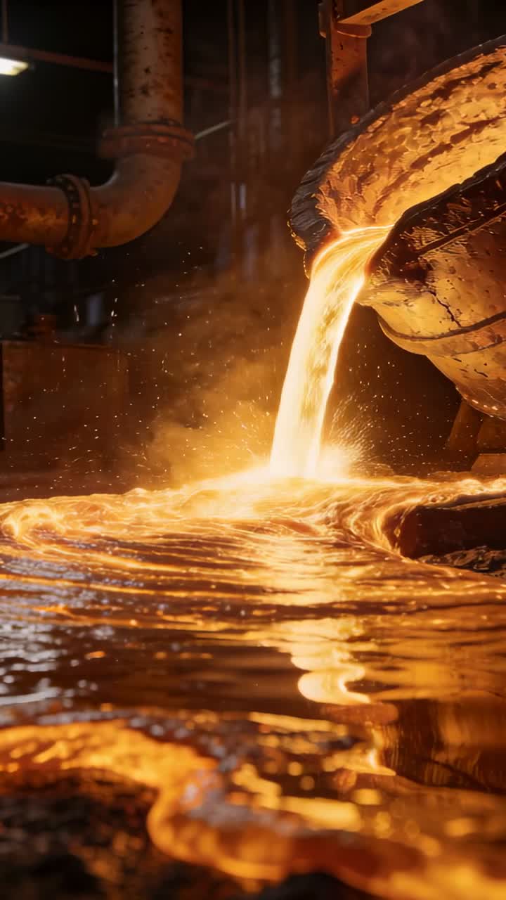 Vertical video: Tilting ladle pouring molten metal into foundry pool for casting, making sparks