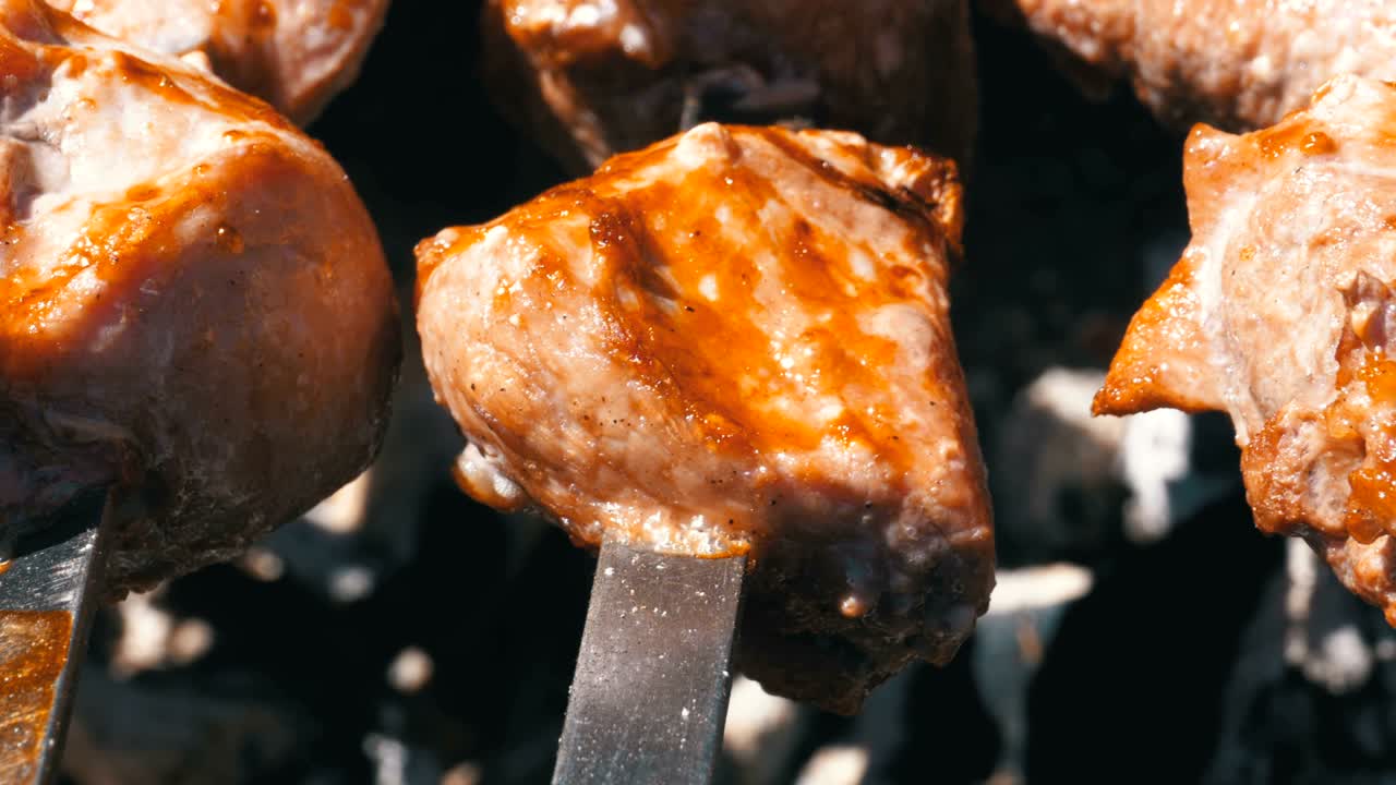 야생에서 그릴에 요리 된 shish kebab. 거리 음식. 개에 긴 고기