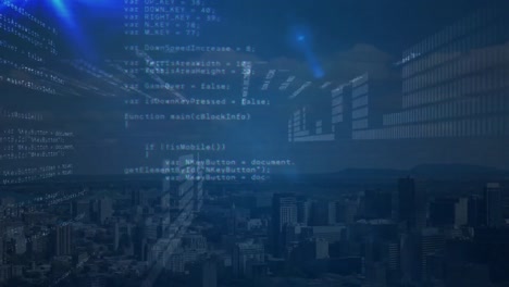 Animation-of-data-processing-over-cityscape-on-blue-background