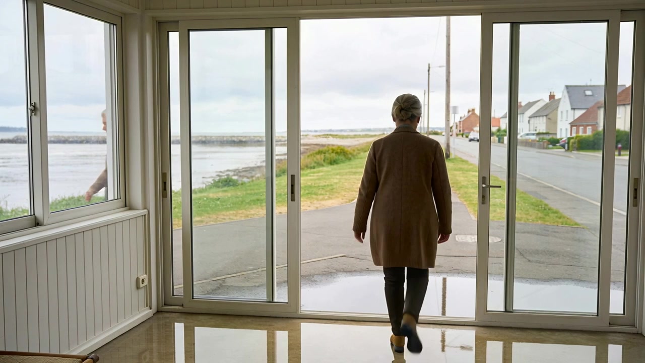 Noticing other woman outside, senior woman walking to sliding doors at cottage, in beige coat
