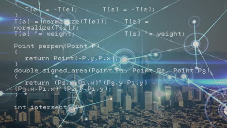 programming code and network connections animation over cityscape