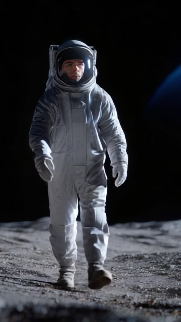 Un astronauta camina con confianza sobre una superficie lunar, explorando la inmensidad del espacio con su traje espacial bajo la tenue luz de estrellas y planetas distantes en el fondo
