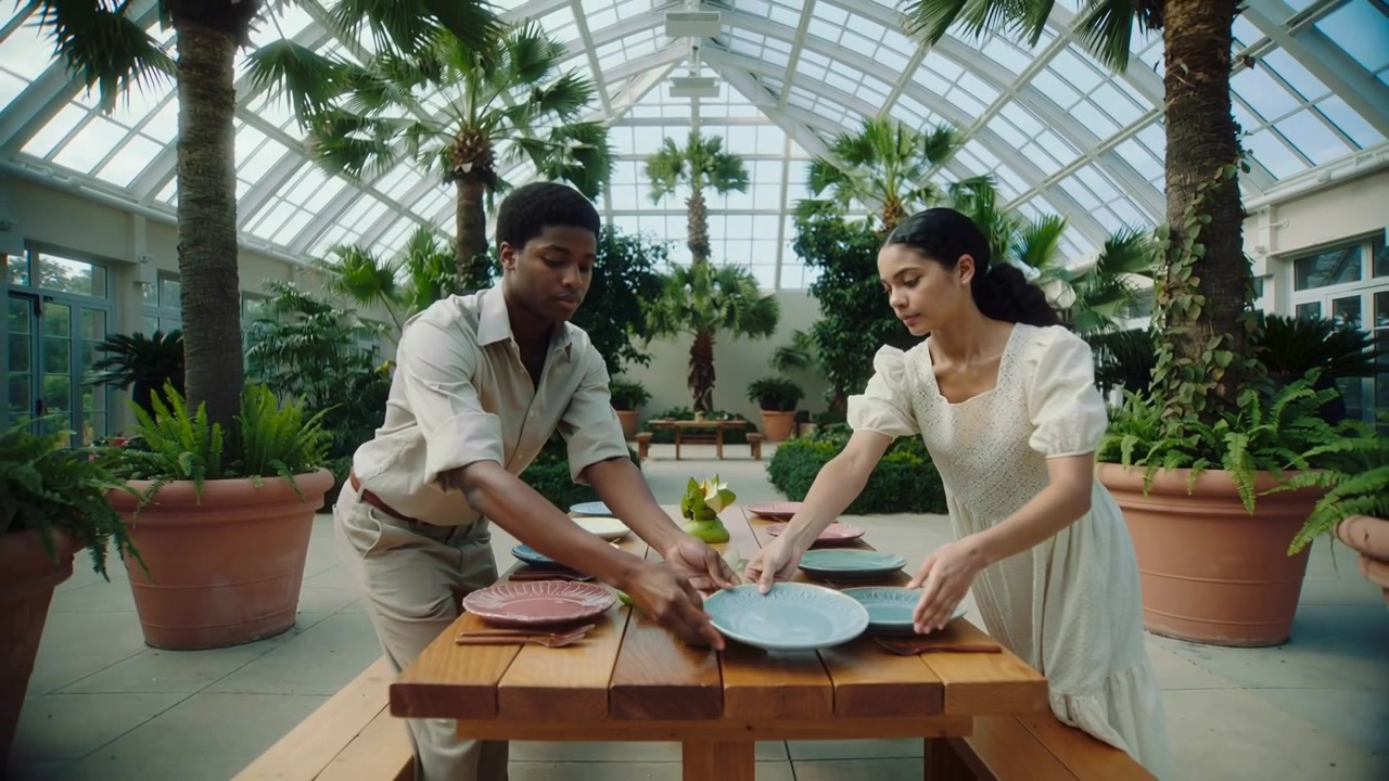 Reaching, hosts in shirt and dress aligning plates, pear display on greenhouse wood table for meal