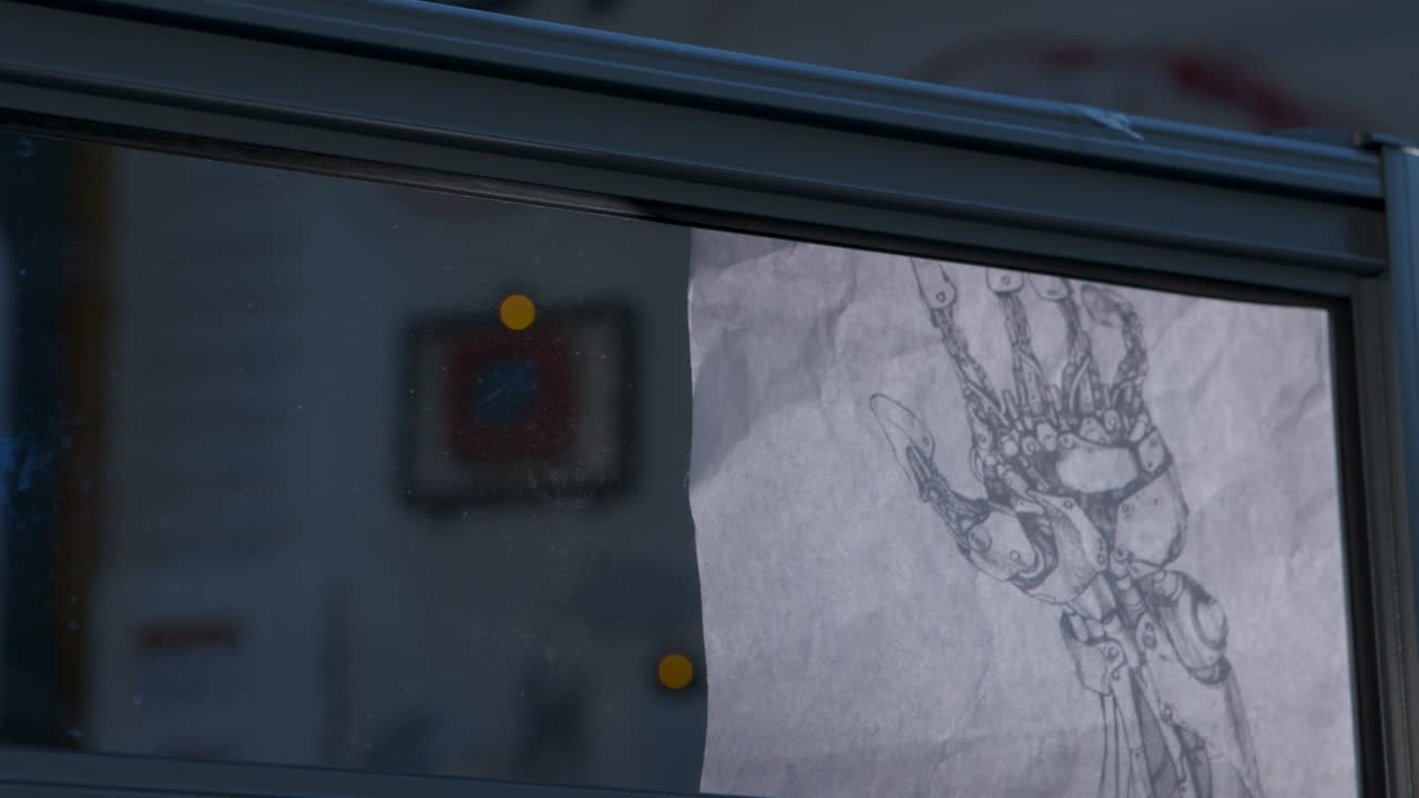 escena de ciencia ficción - joven técnico en un laboratorio de ciencia ficción revisando un dibujo de brazo biónico