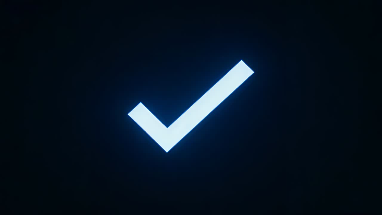 Appearing glowing checkmark pulsing electric arcs on dark vignette backdrop, settling into halo