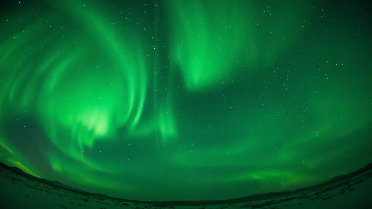 Shifting green auroral curtains sweeping over arctic plain, forming swirling vortex and ribbons