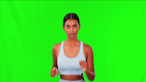 woman, running and fitness on green screen