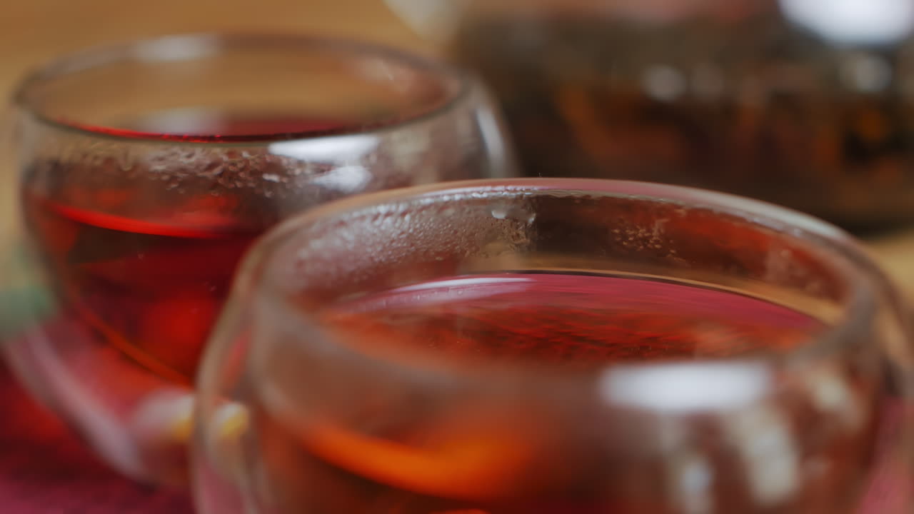 Close-up of Glass Tea Cups and Teapot