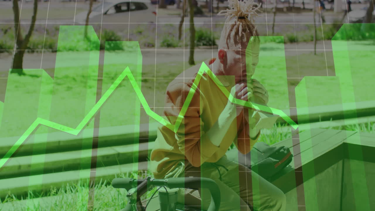 man eating sandwich on urban park bench, overlaying technology bar charts and line graph animation