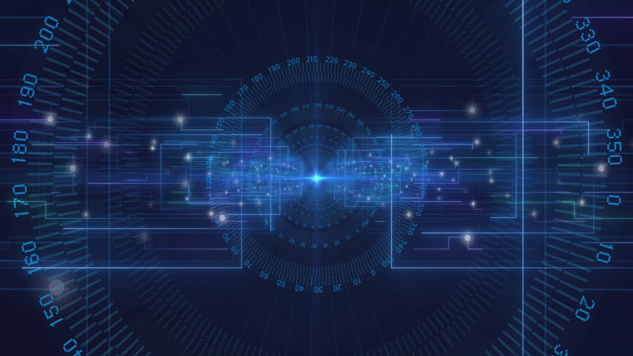 흑색 바탕에 있는 원형 터널과 직사각형 주위의 숫자의 애니메이션