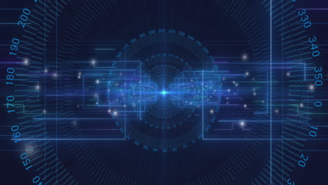 Animation of numbers around circular tunnel and rectangles over black background