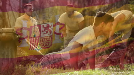 animation of flag of spain over diverse male soldiers during training