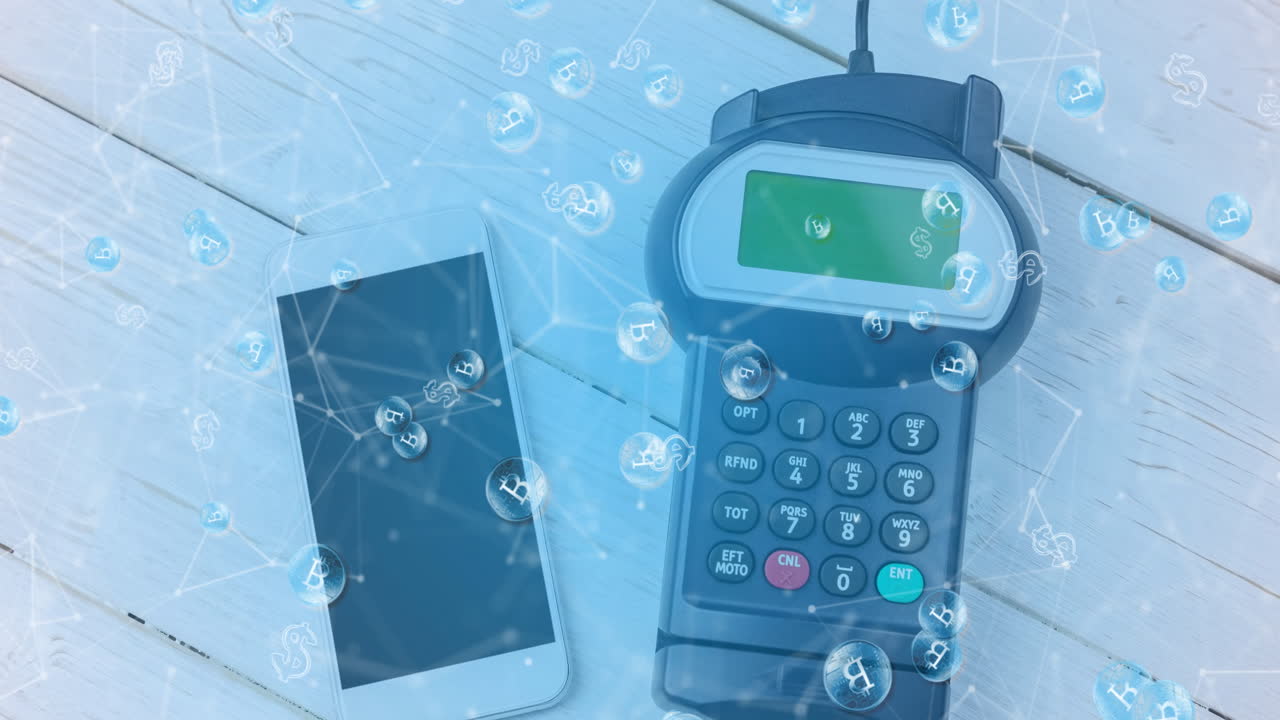 스마트 폰과 결제 단말기를 통해 비트코인의 애니메이션