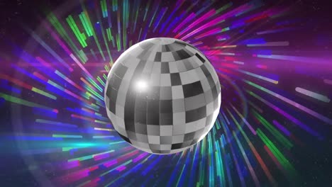 Animation-of-mirrorball-rotating-over-colourful-lights-on-dark-purple-background